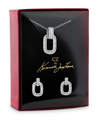 Baguette Cubic Zirconia Link Pendant Necklace & Stud Earrings Set in Rhodium Plated