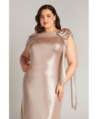 Plus Valia Bow-Shoulder Lam Gown