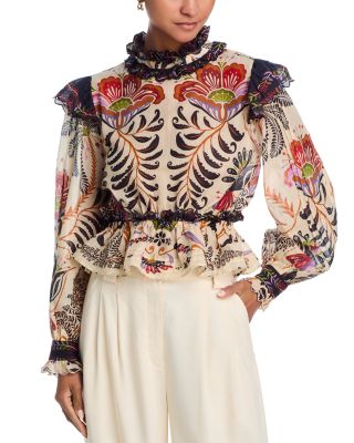 FARM Rio - Classic Nature Sand Ruffled Long Sleeve Blouse