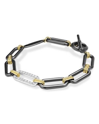 18K Yellow Gold & Black Ceramic Diamond Station Link Bracelet