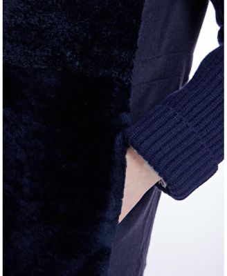 Hooded Shearling Coat with Knit Trim