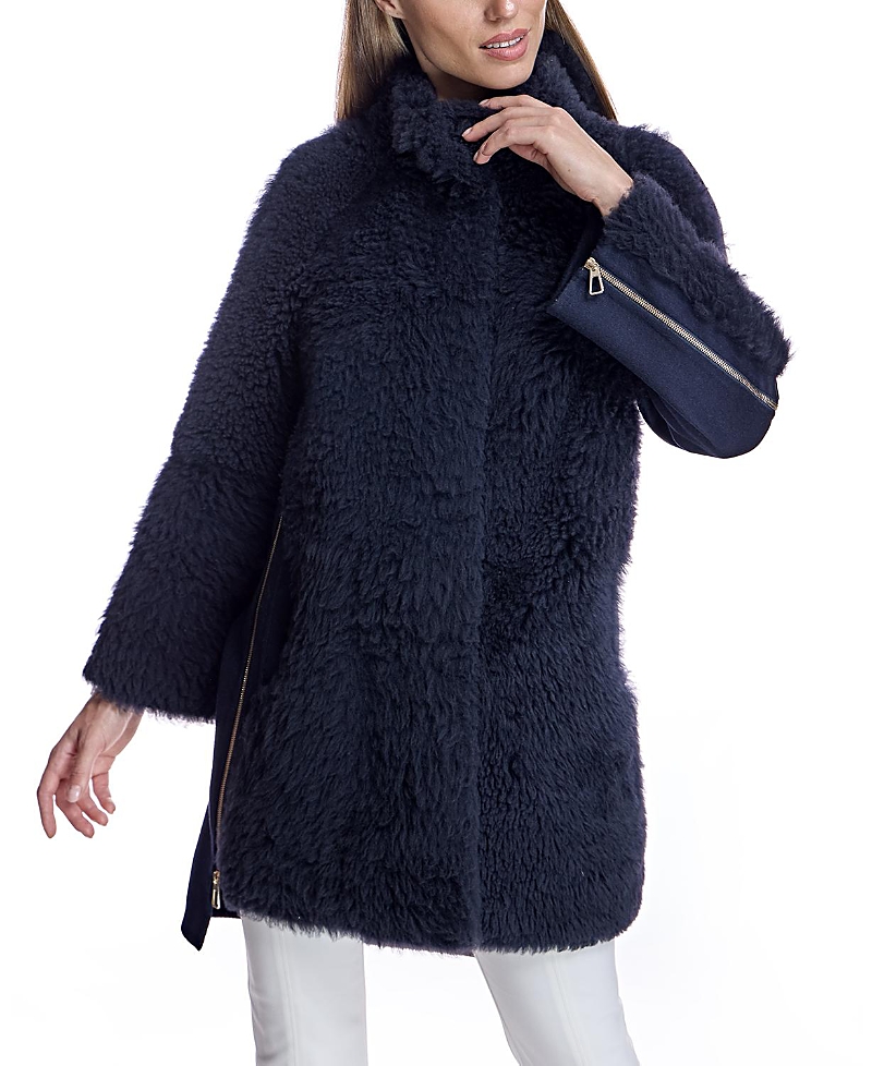 Maximilian Mixed-media Shearling Coat With Zipper Trim In Navy