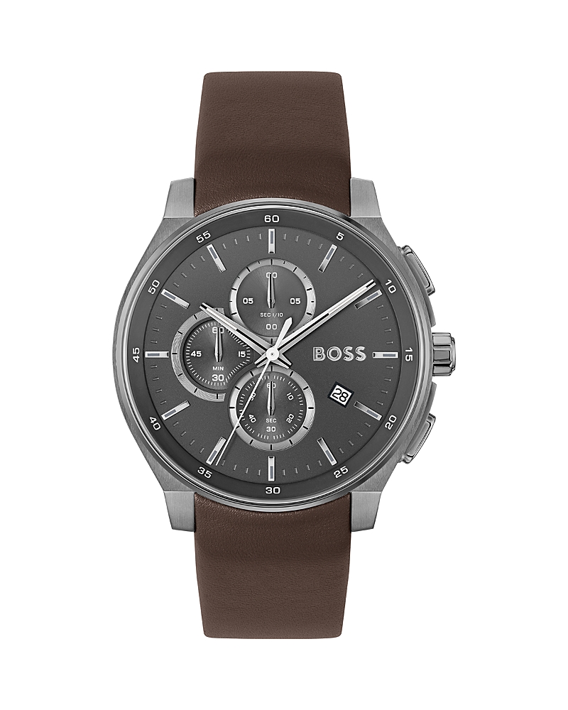 Hugo Boss Gray-plated Chronograph Watch With Leather Strap Men's Watches In Gray/brown