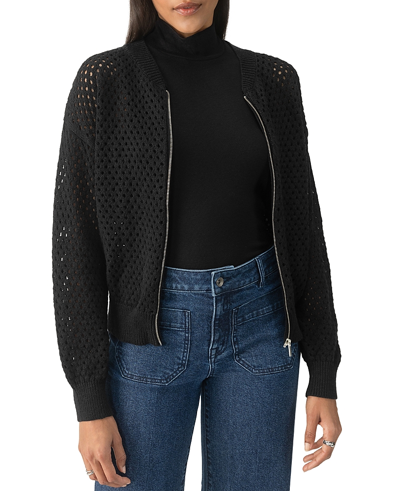 Sanctuary Open Knit Bomber Crewneck Cardigan Sweater In Black
