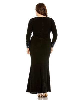  Plus Long Crystal Detail Sleeve V Neck Gown
