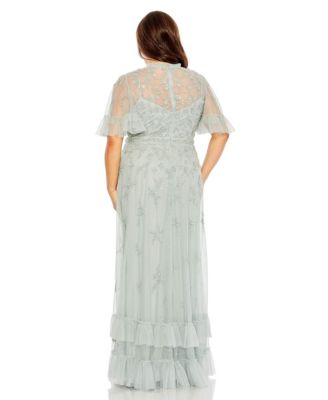  Plus Ruffled Floral Embellished Flutter Sleeve A Line Gown