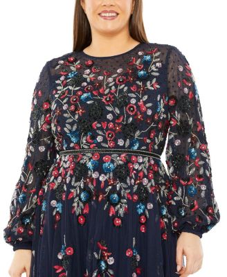  Plus Long Sleeve Beaded Cocktail Dress