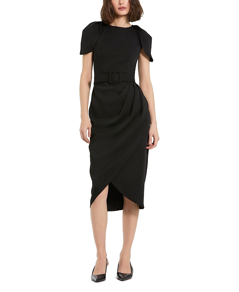 Mac Duggal Crepe High Neck Midi Tulip Dress With Belt In Black