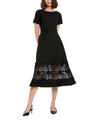 Mac Duggal - Crepe Boat Neck Belted Midi Dress