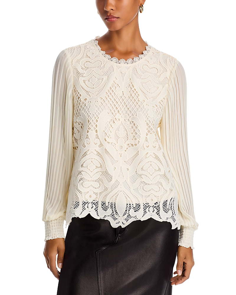 Lucky & Coco Lace Pleated Sleeve Top In Ecru