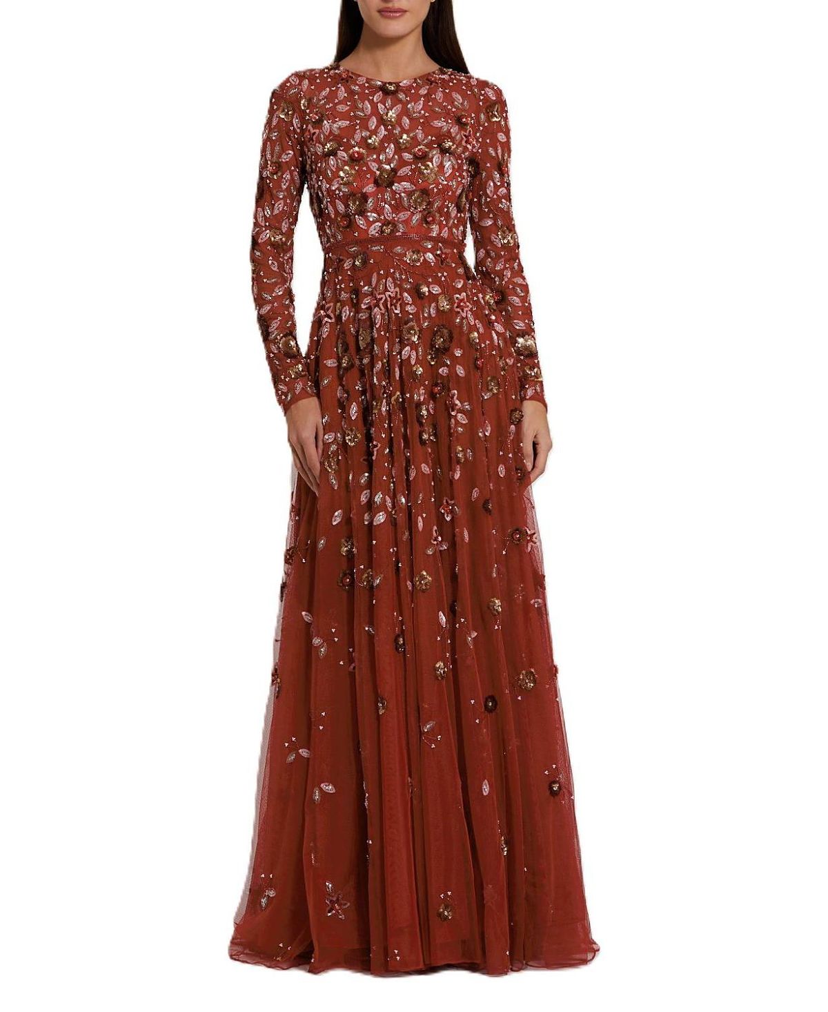Mac Duggal Embellished High Neck Long Sleeve A Line Gown
