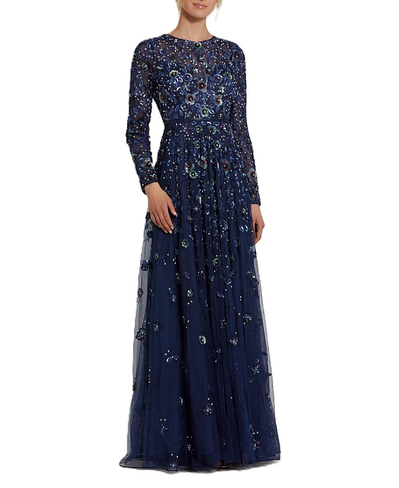 Mac Duggal Embellished High Neck Long Sleeve A Line Gown
