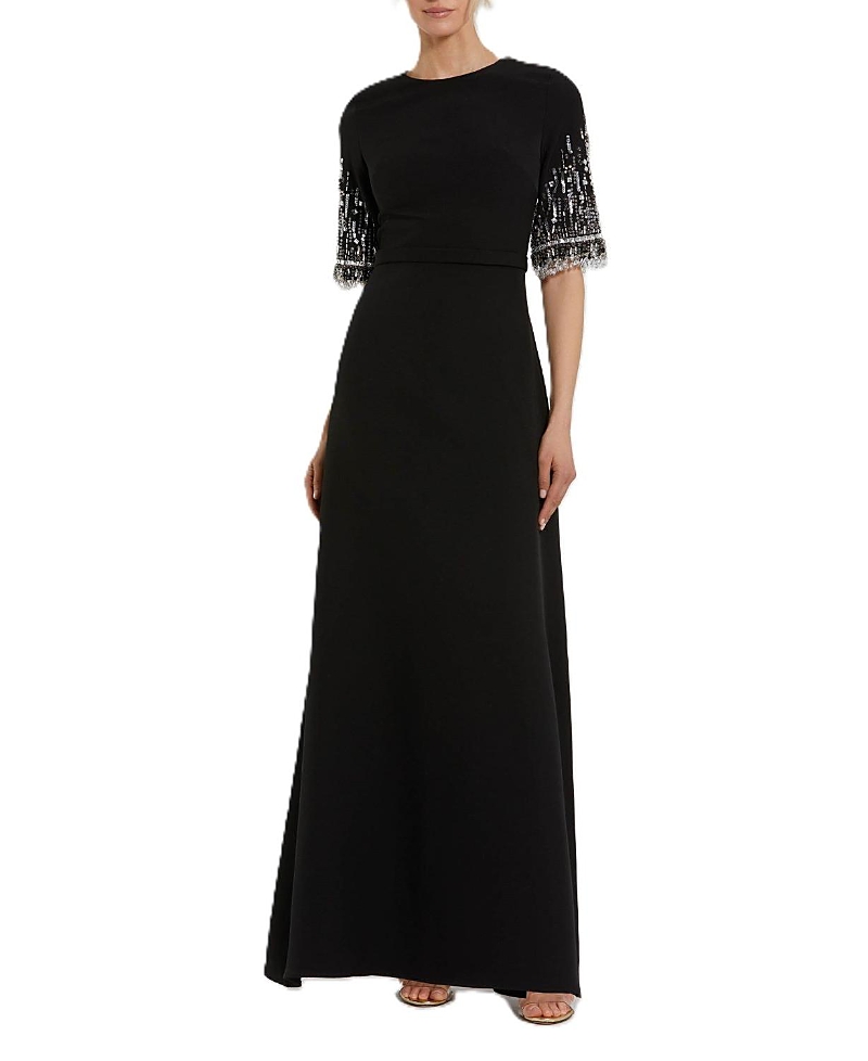 Mac Duggal Crepe A Line Gown With Beaded 3/4 Sleeves In Black