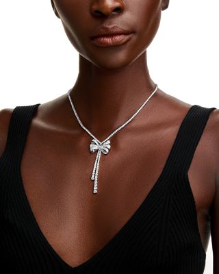 Diamond Bow Lariat Tennis Necklace in 14K White Gold, 10.00 tcw