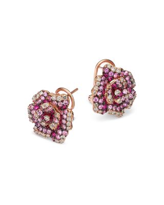 Pink Sapphire & Diamond Rose Flower Earrings in 14K Rose Gold