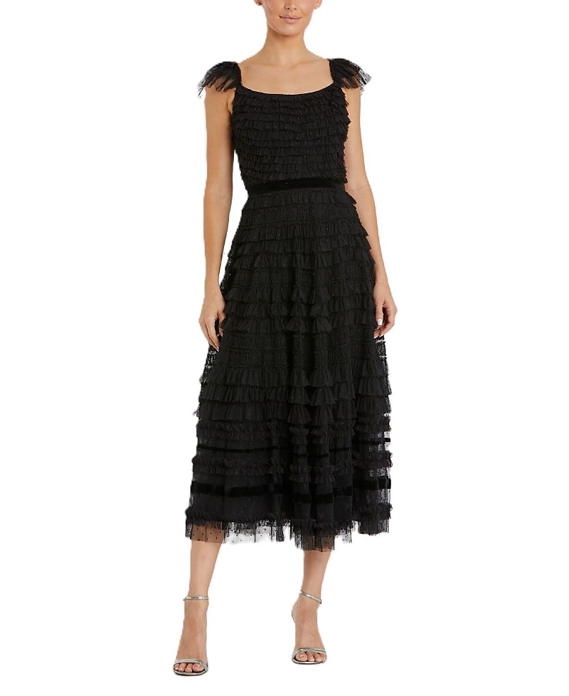 Mac Duggal Ruffle Cap Sleeve Tiered Midi Dress