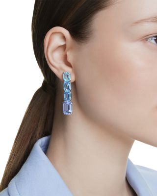 Millenia Blue Octagon Crystal Linear Drop Earrings in Rhodium Plated