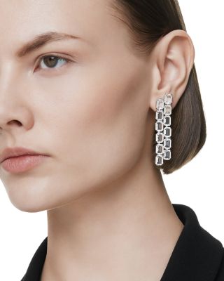 Millenia Octagon Crystal Clip On Linear Drop Earrings in Rhodium Plated