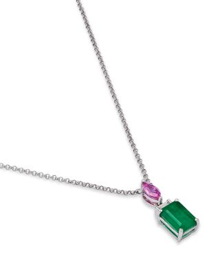 Emerald, Pink Sapphire & Diamond Pendant Necklace in White Gold, 18"