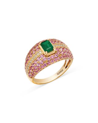 Bloomingdale's Fine Collection - Emerald, Pink Sapphire & Diamond Pav&eacute; Multirow Ring in 14K Yellow Gold