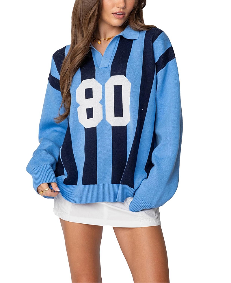 Shop Edikted Larson Oversized Polo Sweater In Blue And Navy