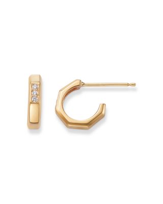 14K Yellow Gold Diamond Octagon Huggie Hoop Earrings