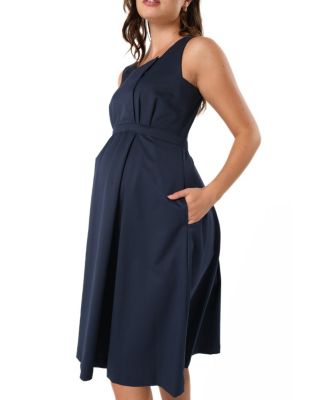 Women&#39;s Sleeveless Empire Waist Maternity &amp; Nursing Knee Length Tea Dress in Navy Italian Light Weight Suiting Fabric (Regular &amp; Petite)