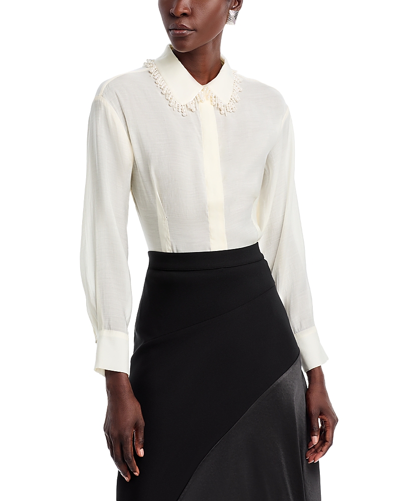 Shop Gracia Faux Peal Trim Collar Top In Ivory