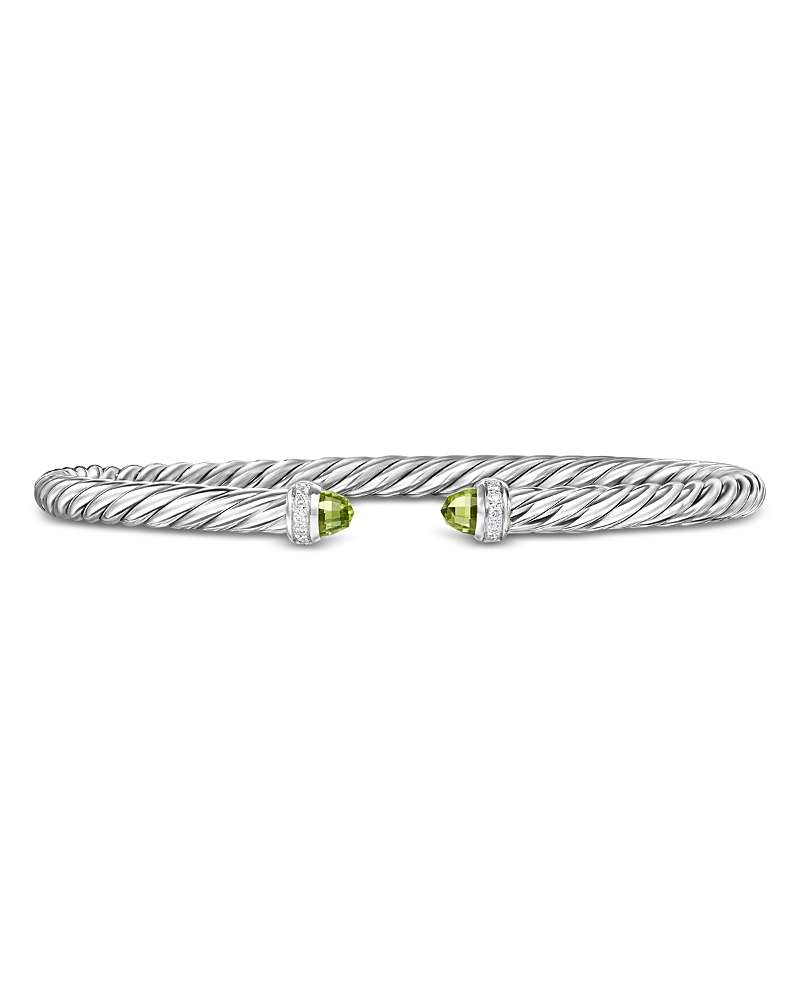 David Yurman Cablespira Flex Bracelet in Sterling Silver with Peridot and Diamonds, 4mm