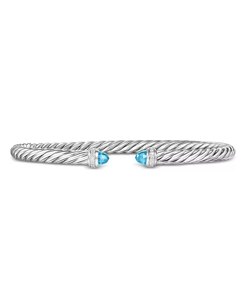 David Yurman Cablespira Flex Bracelet in Sterling Silver with Blue Topaz and Diamonds, 4mm