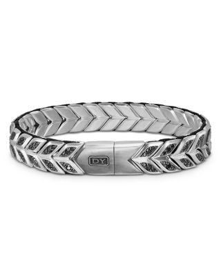 Men's Chevron Woven Bracelet in Sterling Silver with Black Diamonds, 12mm