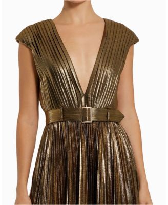  Pleated Metallic Jersey Gown With Belt