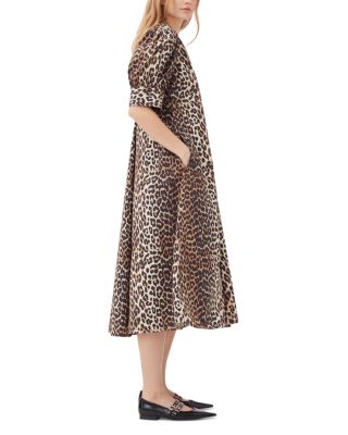 Leopard Cotton Poplin V Neck Maxi Dress