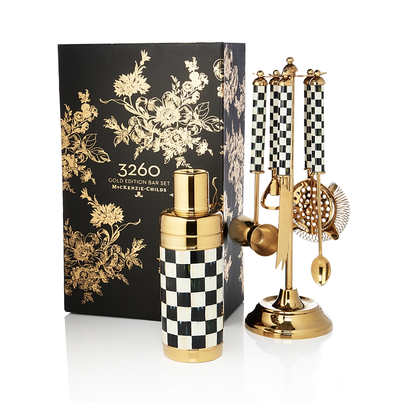 Mackenzie-childs Courtly Check Gold 6-piece Bar Tool Set And Stand In Multi