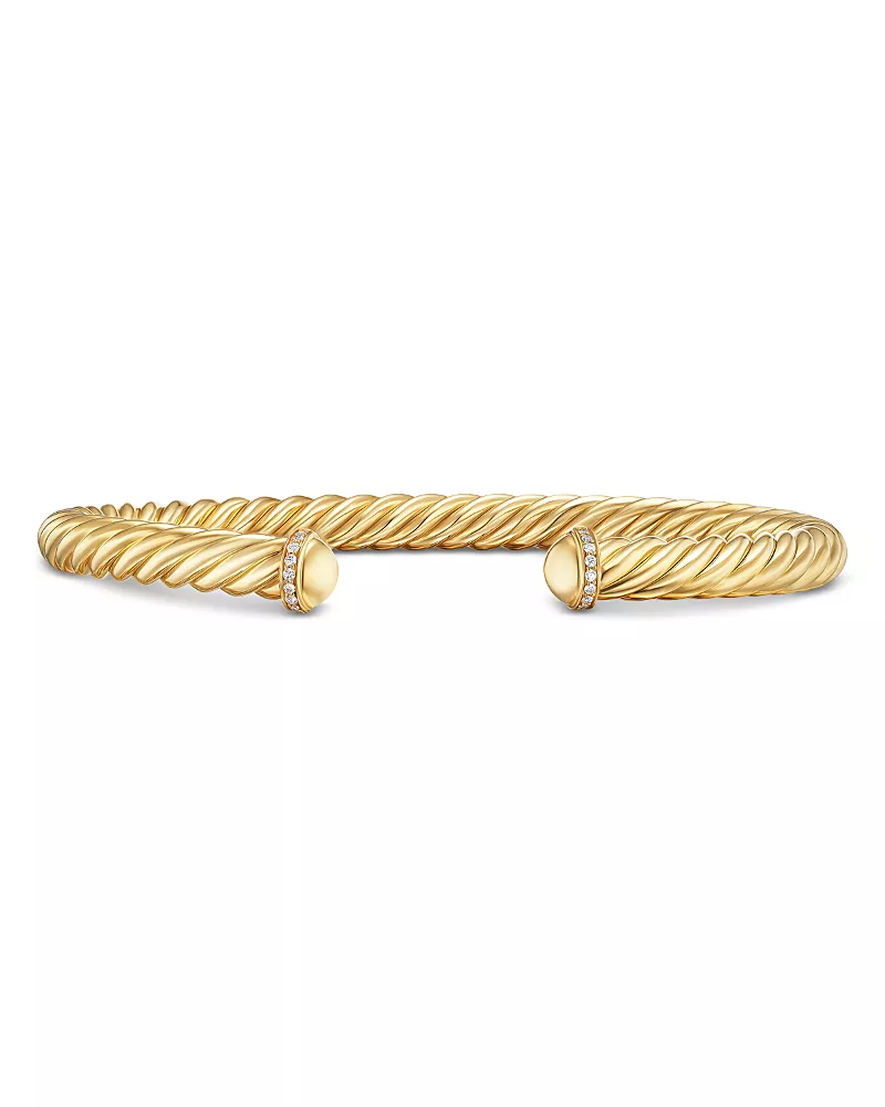 David Yurman Men's Cable Cuff Bracelet in 18K Yellow Gold with Pave Diamonds, 6mm