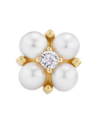 Petite Modern Renaissance Pearl Stud Earrings in 18K Yellow Gold with Diamonds, 7.8mm