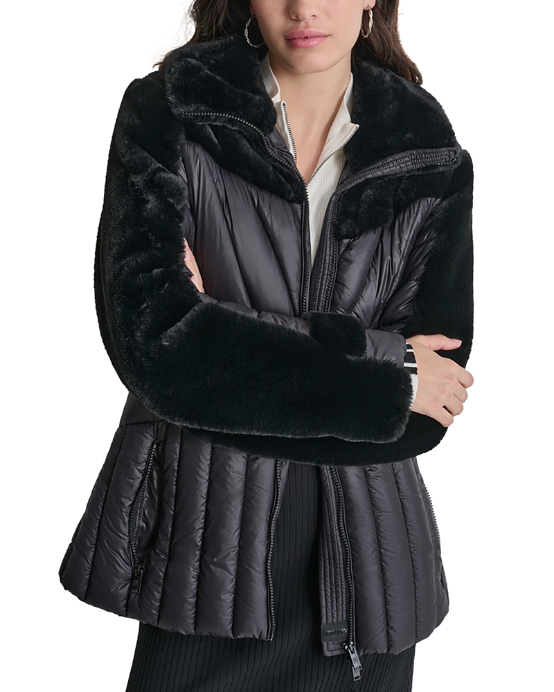 Dkny Women's Faux-fur Spread-collar Puffer Jacket In Black