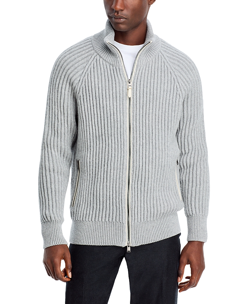 HUGO BOSS WOOL & CASHMERE RIBBED KNIT FULL-ZIP CARDIGAN