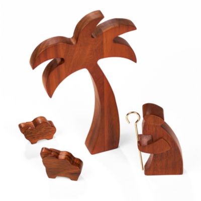 Wooden Shepherd with Lambs & Palm Tree Figurines, Set of 4 