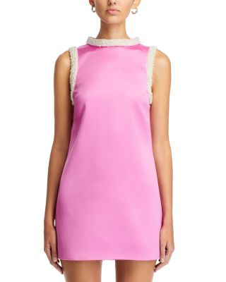 Faux Pearl Trim Satin Shift Mini Dress