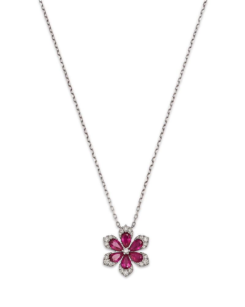 Bloomingdale's Fine Collection Ruby & Diamond Flower Pendant Necklace in 14K White Gold, 18