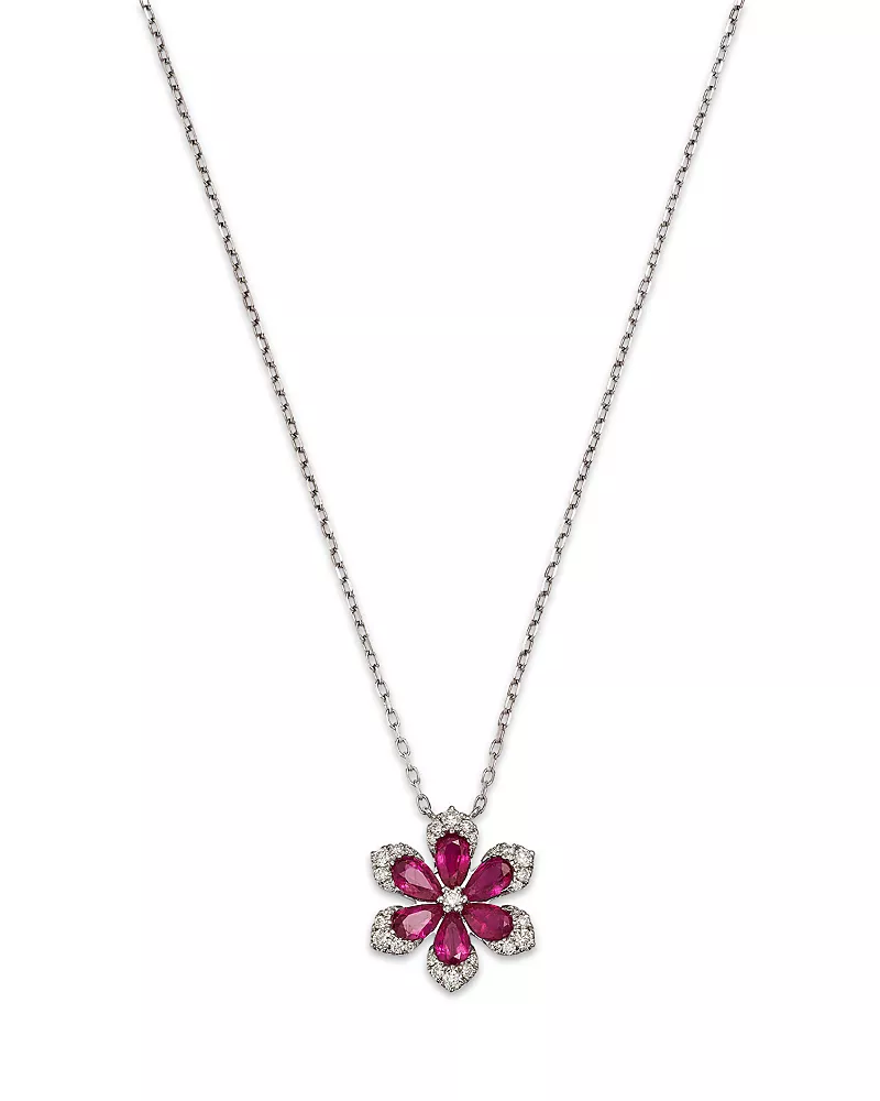 Bloomingdale's Fine Collection Ruby & Diamond Flower Pendant Necklace in 14K White Gold, 18