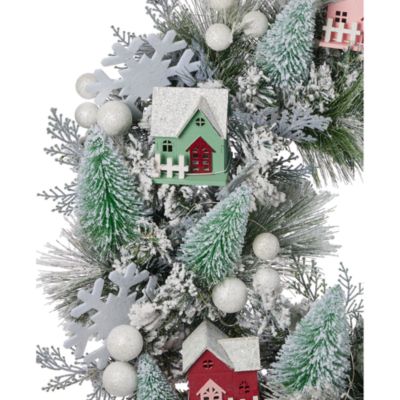 Snowy Cottage 26" Wreath with Fairy Lights