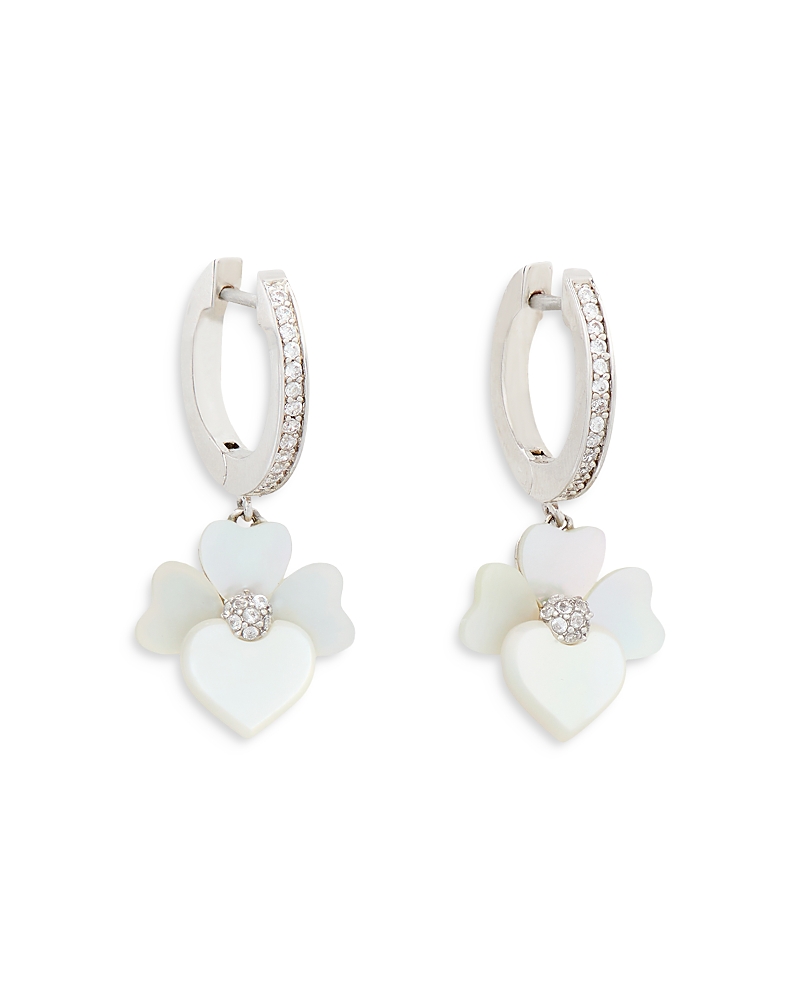 Kate Spade Silver-tone Pave & Mother-of-pearl Flower Charm Hoop Earrings In White/silver