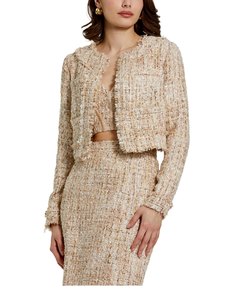 Mac Duggal Long Sleeve Cropped Boucle Jacket