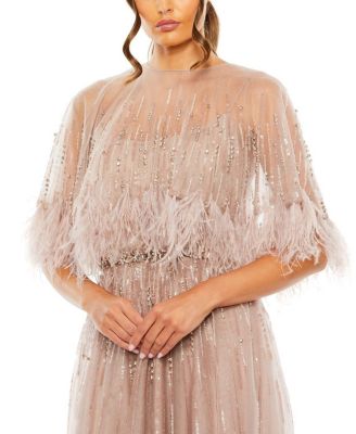Embellished A Line Dress with Feather Detail Cape