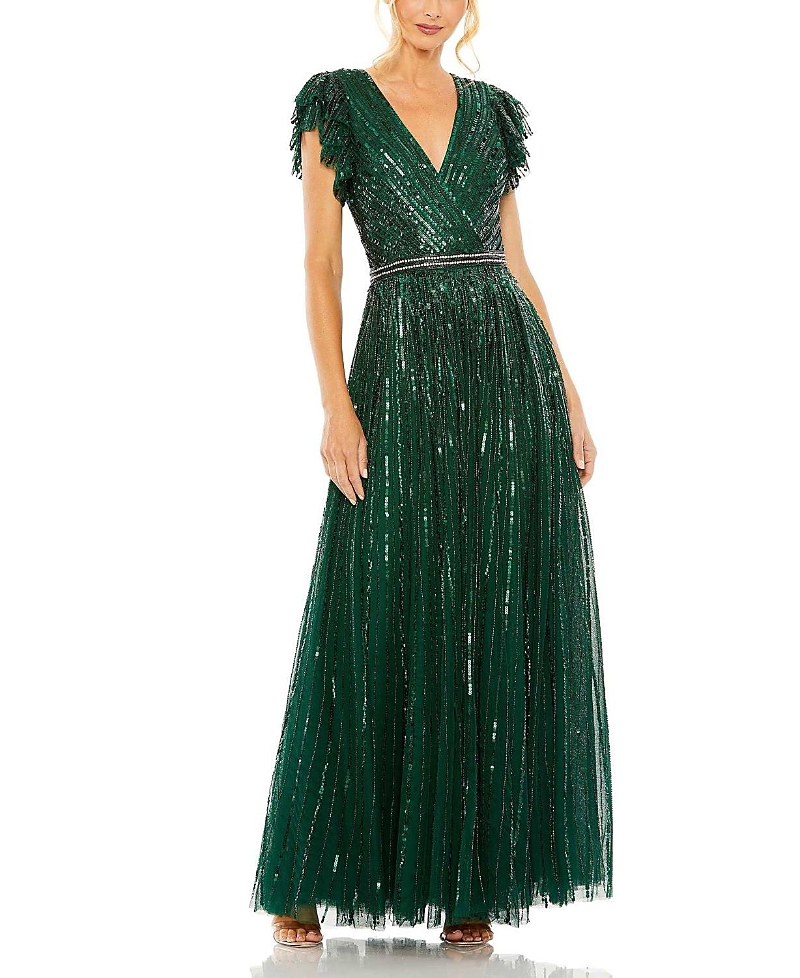 Mac Duggal Sequined Wrap Over Ruffled Cap Sleeve Gown In Deep Green