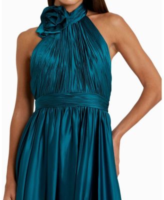 Pleated Charmeuse High Neck Sleeveless Midi Dress