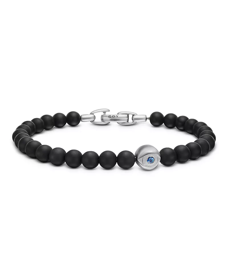 David Yurman Men's Spiritual Beads Evil Eye Bracelet in Sterling Silver with Black Onyx and Sapphire, 6mm