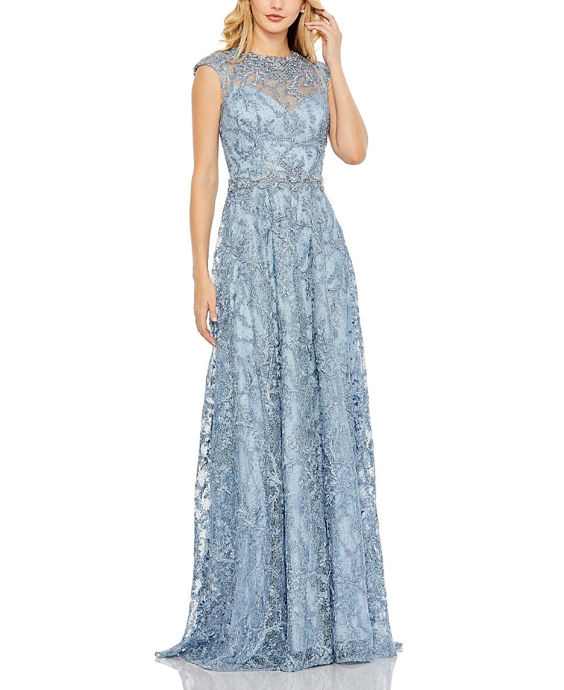 Mac Duggal Embroidered Cap Sleeve A Line Gown In Slate Blue